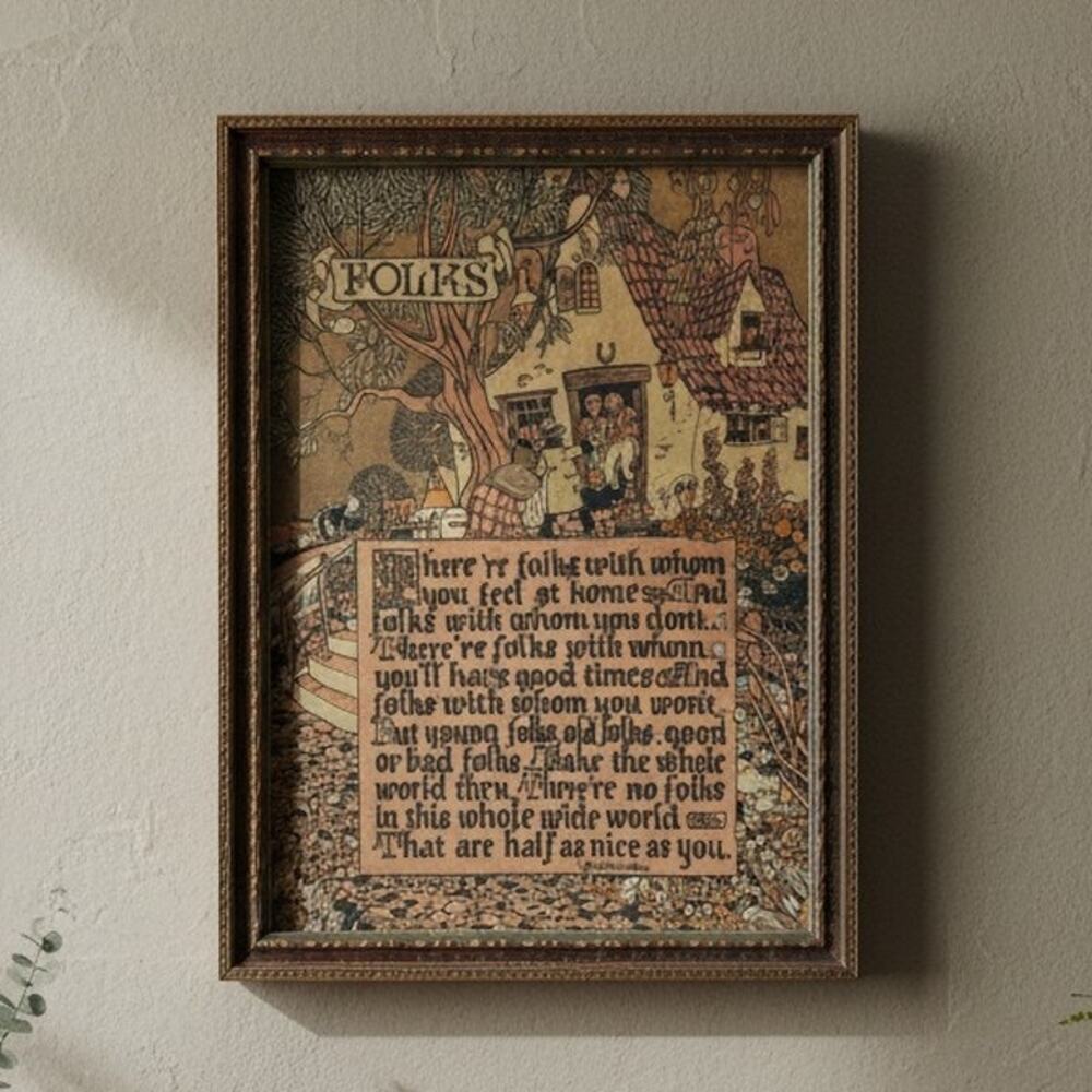 Vintage Framed Folk Art Motto Print J.B. Downie Cottage Scene Quote Wall Decor